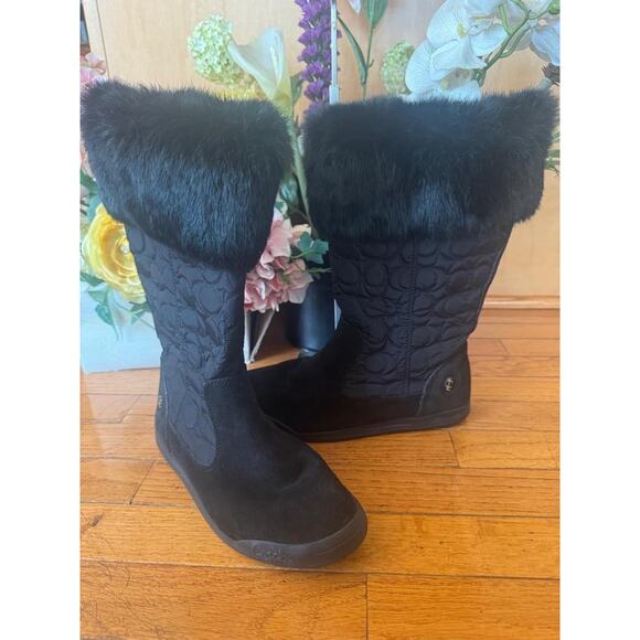 COACH Women's Black seude quilted C rabbit fur Talen Winter Boots 7M (bo1400 - Picture 1 of 9